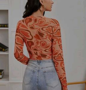 Trendy Orange Abstract Print Mesh Top