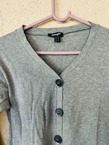 Grey Ribbed Button-Up Cardigan