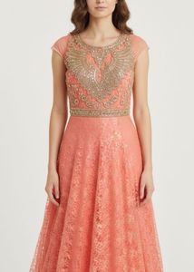Elegant Coral Embellished Ethnic Gown