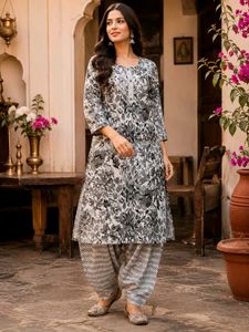 🇳🇿💫🎀Elegant Grey Floral Print Kurta Set