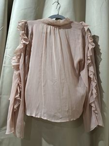 Sheer Ruffle Sleeve V-Neck Blouse