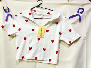 White Heart Print Crop Top for Women