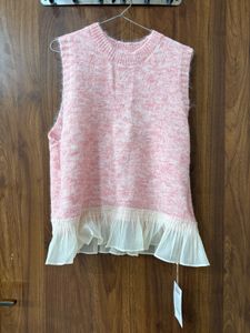savana Pink Knit Vest with Ruffle Trim