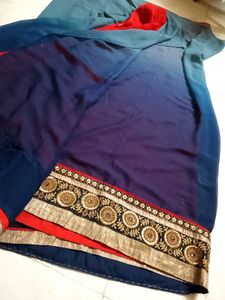 Red &amp; Blue Saree with Golden Border