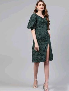 Green Polka Dot Printed A-Line & Puff Sleeve Dress