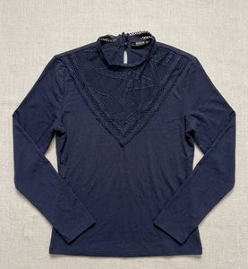 Navy Lace Mock Neck Long Sleeve Top
