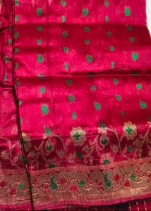 Vibrant Silk Saree with Green Motifs