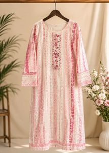 Pink & White Embroidered Kurta