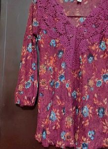 Purple Floral Print Lace Neck Top 32 Bust