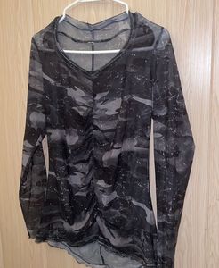 Sheer Camo Ruched Long Sleeve Top