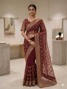 Maroon Embroidered Net Saree
