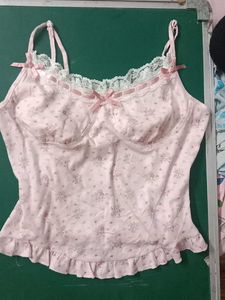 korean pink topFloral Print Camisole with Lace Tri