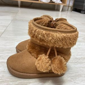 Cute Brown Fur Boots with Pom Poms
