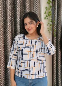 Trendy White Geometric Print Top with Bell Sleeves