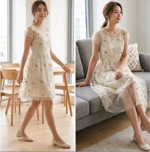 Elegant Floral Embroidered Mesh Overlay Dress with
