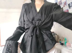 Elegant Black Satin Wrap Top