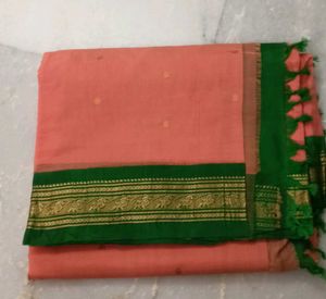 Peach Saree with Green Border & Tassels