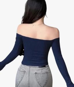 Navy Off-Shoulder Ribbed Long Sleeve Top