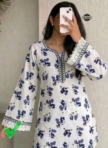 White Kurta with Blue Floral Print