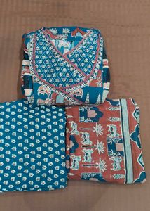 Blue &amp; Red Block Print Kurta Set