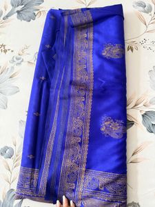 Vibrant Blue Silk Saree with Gold Border