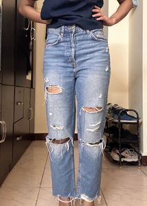 H&amp;M Distressed Denim Straight Jeans