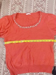 Coral Beaded Neckline Short Sleeve Top