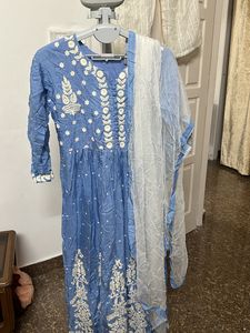 Blue Embroidered Anarkali with duppata