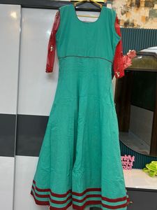 Turquoise &amp; Red Embroidered Anarkali Gown