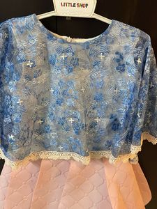 Blue Lace Crop Top with Pink Skirt