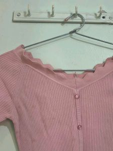 Pink Ribbed Button-Up Top