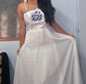 Chic White Dress with Blue Floral Print