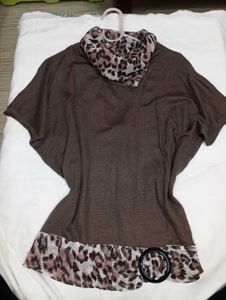 Stylish Brown Tunic with Leopard Print Trim
