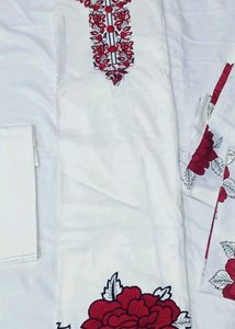 White Kurta Set with Red Floral Print