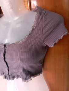 Retro Button-Up Lettuce Hem Crop Top