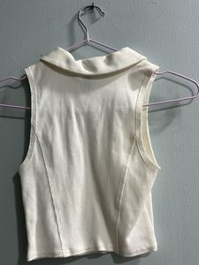 H&amp;M White Sleeveless Collared Zip-Up Top