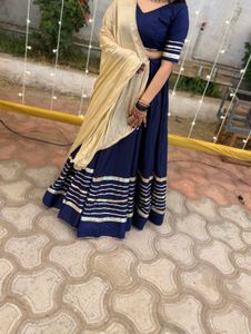 Elegant Navy Blue Lehenga Choli with Golden Border