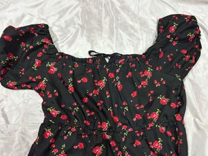 Floral Puff Sleeve Dress black &amp; red rose printed