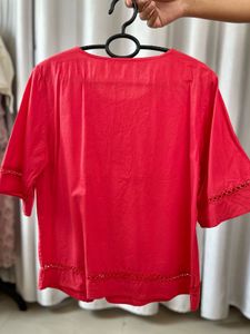 Vibrant Red Cotton Kurti with Lace Detail