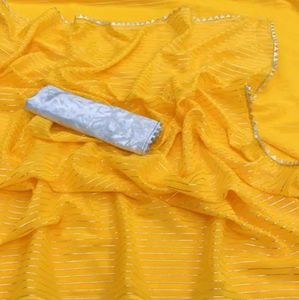 Yellow stripe Saree With Blouse Piece
