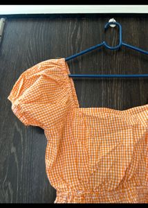Orange Gingham Puff Sleeve Top