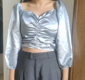 Satin Ruched Puff Sleeve Top
