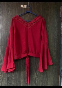 Chic Red Bell Sleeve Top with Lace Neckline
