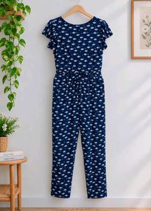 Navy Fish Print Jumpsuit with Waist String Tie-up