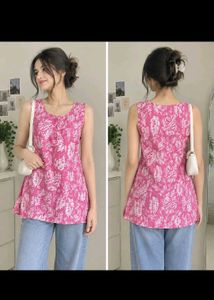 Vibrant Pink Leaf Print Sleeveless Top