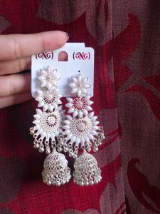 White &amp; Silver Jhumka Earrings