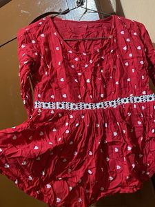 Red Kurti with White Heart Print