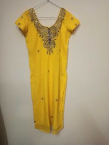 bright yellow embellished kurta set with dupatta