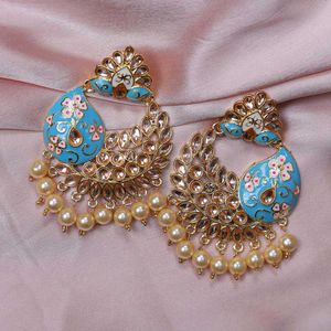 Heavy Elegant Blue Enamel Pearl Drop Earrings