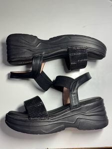 Black Wedge Sandals with Rhinestone Strap